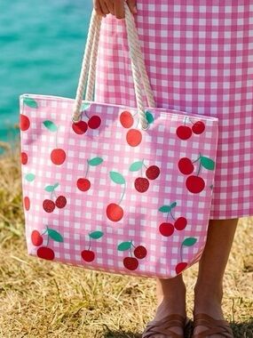 NWT Summer Cherry Printed Tote Beach Bag 20”x15”XL Rope Handle